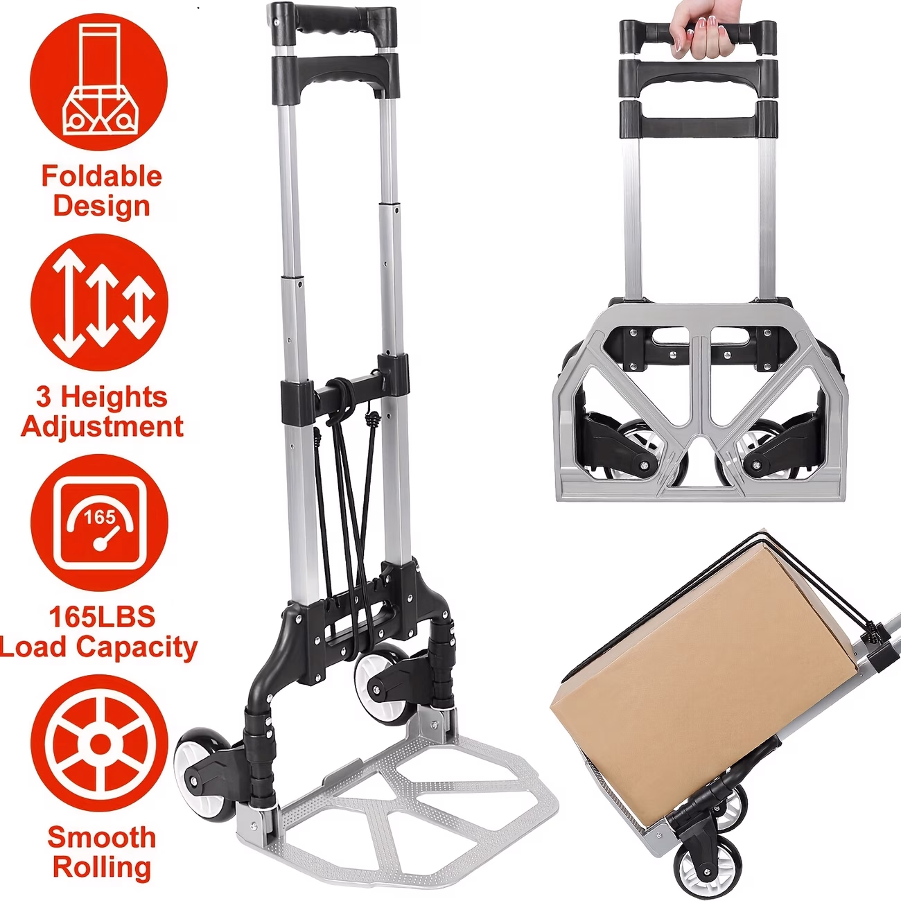 Lightweight Aluminium Alloy Hand Truck Trolley 75KG with Bungee Cord – Heavy Duty Folding Luggage Cart with 3 Adjustable Heights & Large Wheels for Home Use, Outdoor Portable Hand Cart for Camping & Grocery Shopping, Office Relocation, Warehouse Use