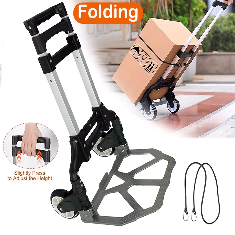 Lightweight Aluminium Alloy Hand Truck Trolley 75KG with Bungee Cord – Heavy Duty Folding Luggage Cart with 3 Adjustable Heights & Large Wheels for Home Use, Outdoor Portable Hand Cart for Camping & Grocery Shopping, Office Relocation, Warehouse Use