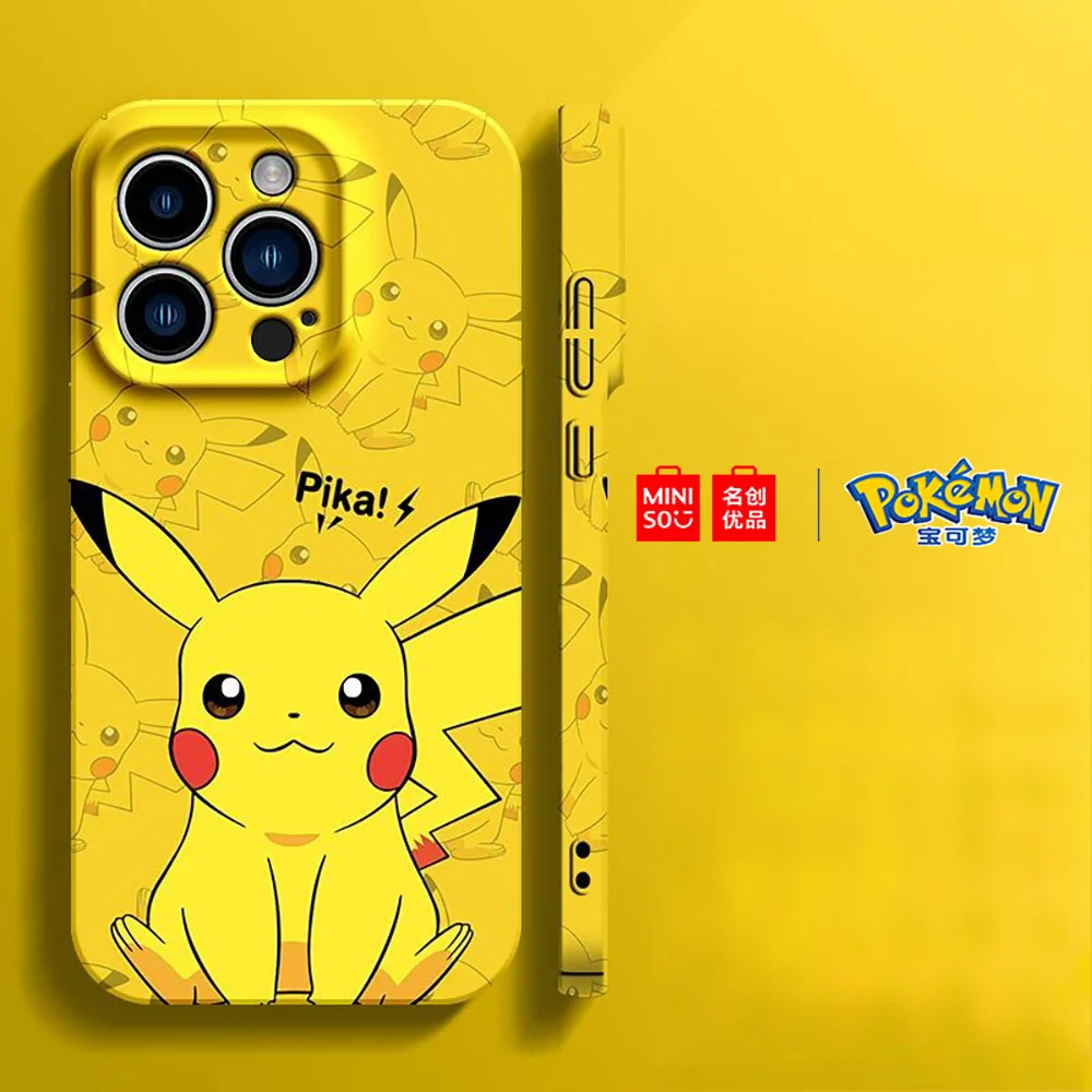 Color: Beige, Material: Cotton Fabric - Miniso Pokemon Collaboration Pikachu Gengar Phone Case For iPhone 15 14 13 11 12 16 Pro Max Plus X XR Girl Silicone Phone Case
