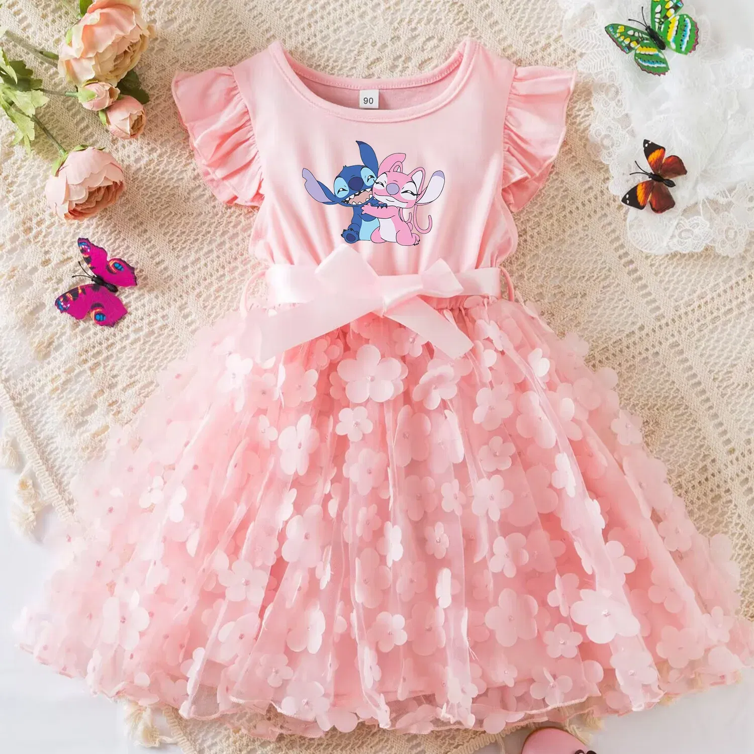 Color: green, Size: S - 3D Butterfly Cute Lilo Stitch Summer Dress for Kid's Casual Clothes Baby Girls Beautiful Princess Dress Party Dresses 2-6 Yrs