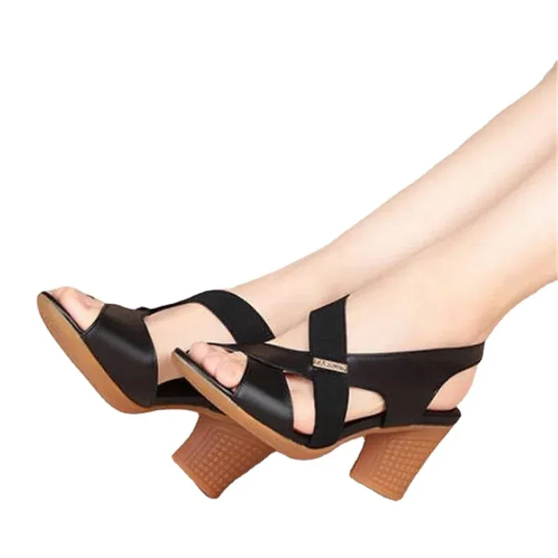 Color: Khaki, Shoe Size: 41 - New Mid-heel Sandals Women Summer Shoes Comfortable High Heels Thick Heel Peep Toe Non-slip Soft Bottom Mother Shoes Slip-On