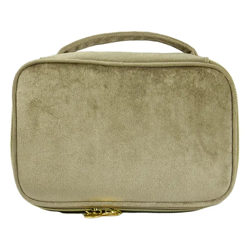 Color: Gold - Velvet Cosmetics Bag Top Handle Travel Large Capacity Brushes Suede Makeup Vanity Case Custom Initials Name Gift