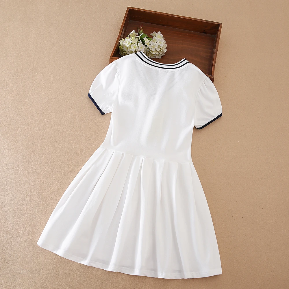 Color: WHITE, Kid US Size: 6 - Girls' White Summer Dress V-Neck Polo Pleated Dress for School 5-12 Years Girls Clothing