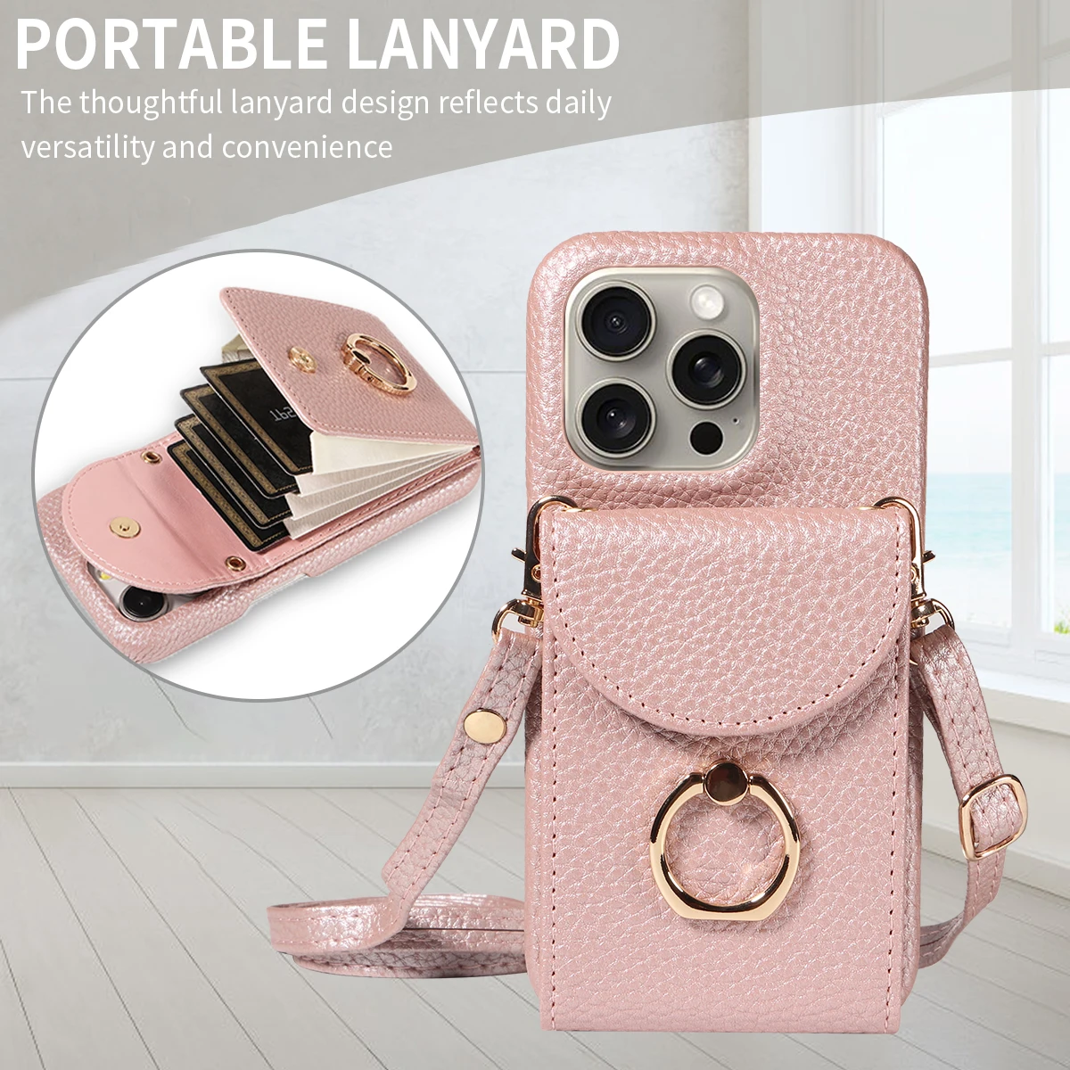 Color: Gold, Compatible-Phone Models: For iPhone 16 Plus, Bundle: Case & Strap, Material: Artificial Leather - High Quality Ring Stand Lychee Pattern Phone Case for IPhone16promax15 14 13 Crossbody with Lanyard PU Leather Anti-fall Cover