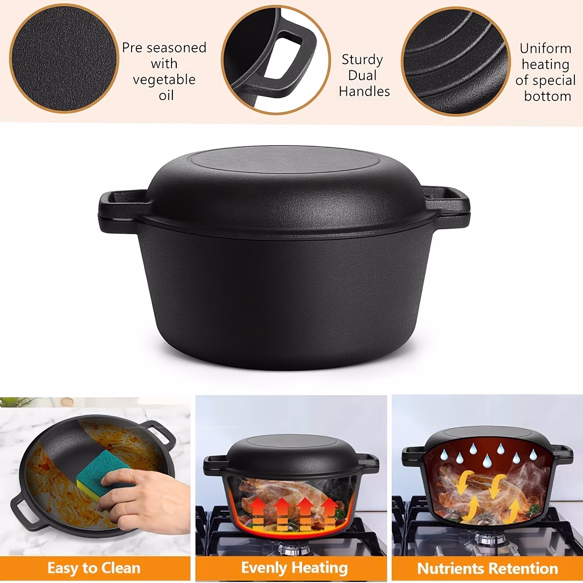 2-in-1 Heavy-Duty Cast Iron Dutch Oven & Dutch Pot Set With Lid – Durable Cookware for Soups, Stews, and Roasting