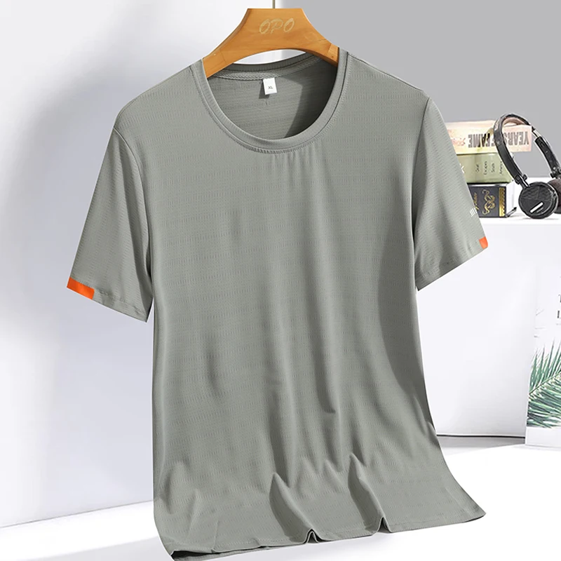 Color: Ivory, Size: 4XL - Men's Silk Ice Round Collar T-shirt, Simple Running Fitness Suit, Breathable Thin T-shirt, Quick Dry T-shirt, Summer