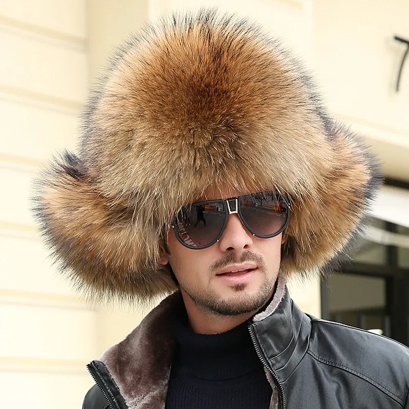 Color: Yellow, Hat Size: 55 - 2025 Winter 100% Real Silver Fox Fur Bomber Hat Raccoon Fur Ushanka Cap Trapper Russian Men's Ski Hats Caps