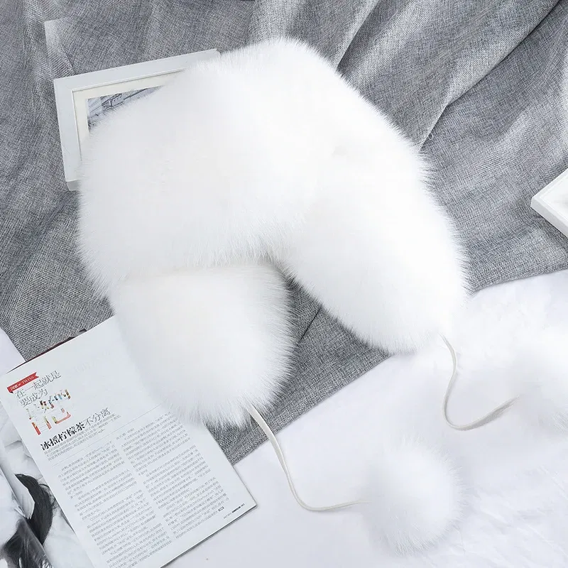 Color: Yellow, Hat Size: 55 - 2025 Winter 100% Real Silver Fox Fur Bomber Hat Raccoon Fur Ushanka Cap Trapper Russian Men's Ski Hats Caps