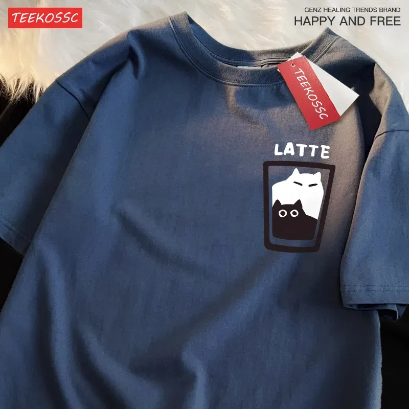 Color: WHITE, Size: XL - Mocha Latte Couple Outfit Cat Coffee Couple Male T-Shirts Graphic Cool Tee Shirt High-Quality Oversized Tshirt Comfort Soft