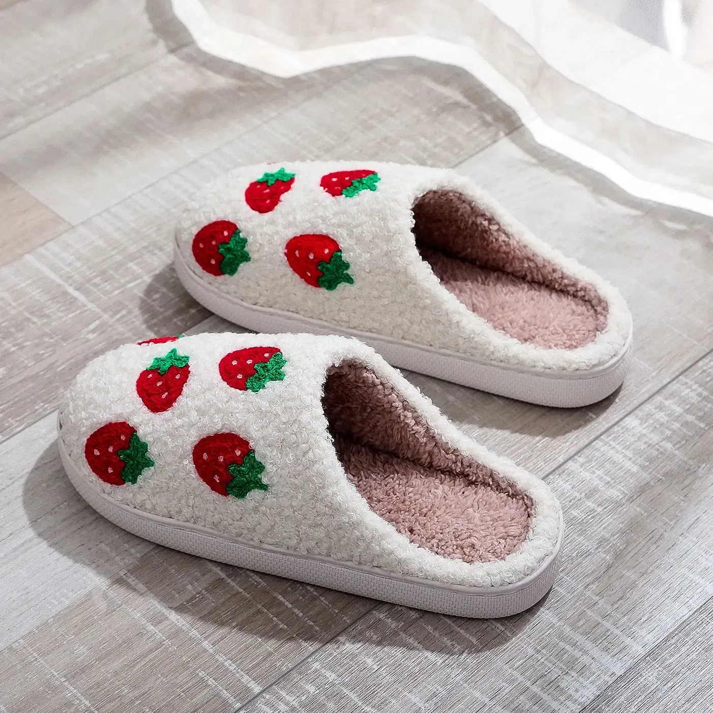 Color: WHITE, Shoe Size: 36 - Winter home furnishings small fresh seven strawberry cotton slippers non-slip thick bottom wear-resistant cotton slippers