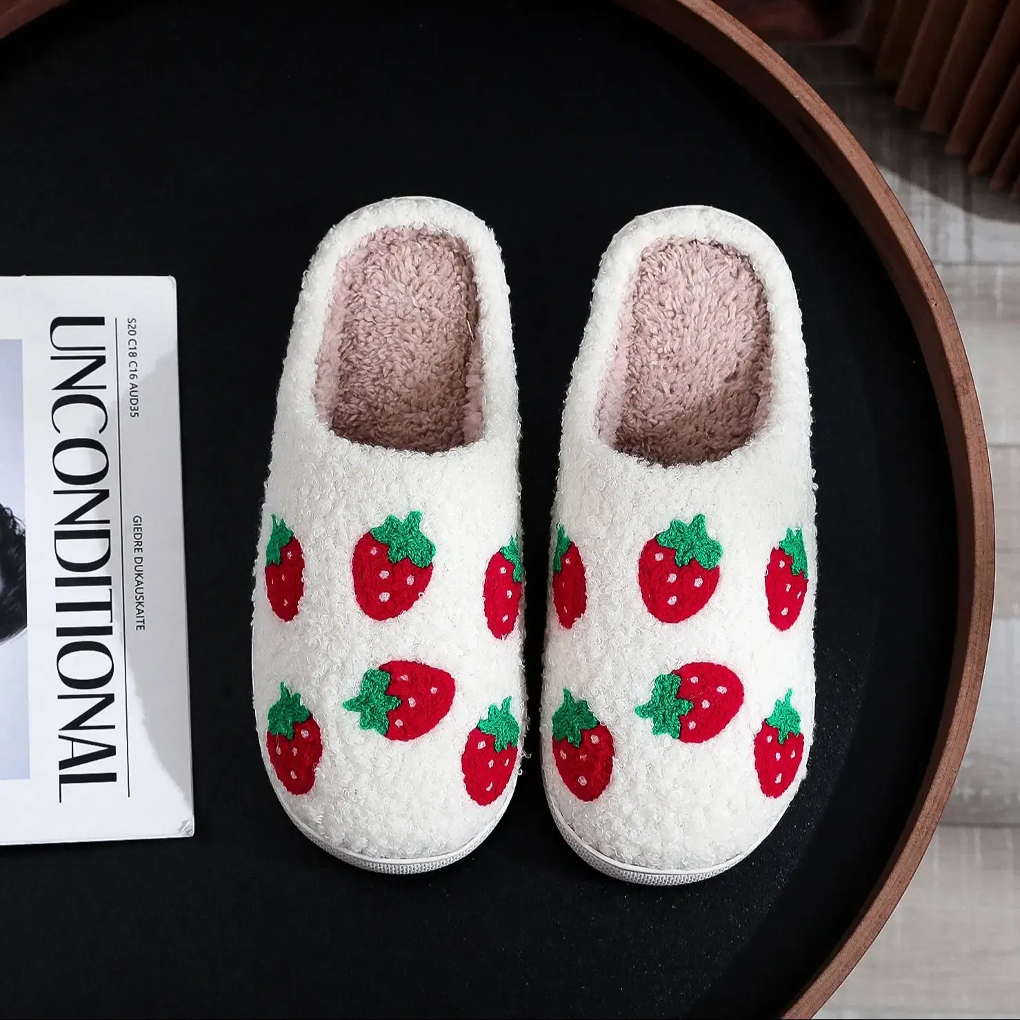 Color: WHITE, Shoe Size: 36 - Winter home furnishings small fresh seven strawberry cotton slippers non-slip thick bottom wear-resistant cotton slippers