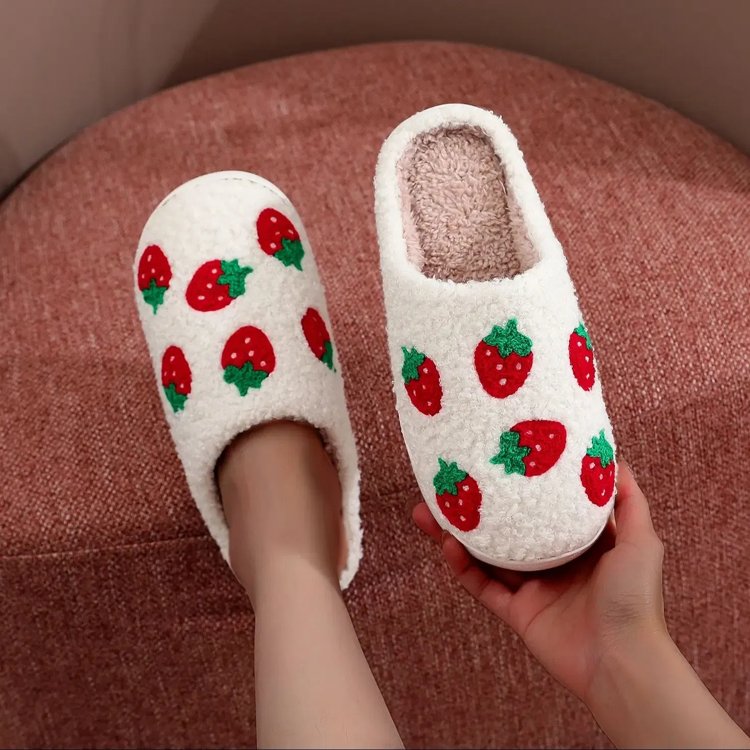 Color: WHITE, Shoe Size: 36 - Winter home furnishings small fresh seven strawberry cotton slippers non-slip thick bottom wear-resistant cotton slippers