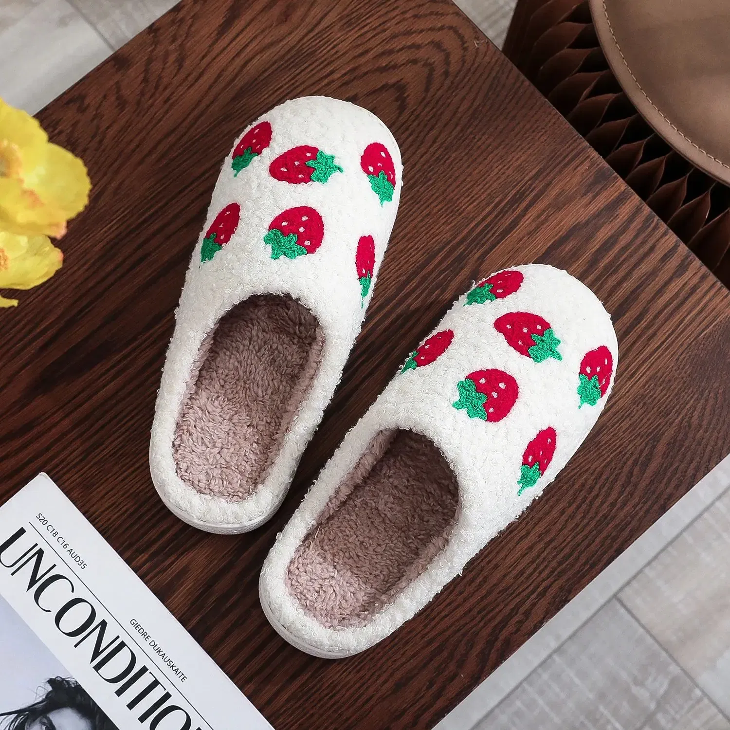 Color: WHITE, Shoe Size: 36 - Winter home furnishings small fresh seven strawberry cotton slippers non-slip thick bottom wear-resistant cotton slippers