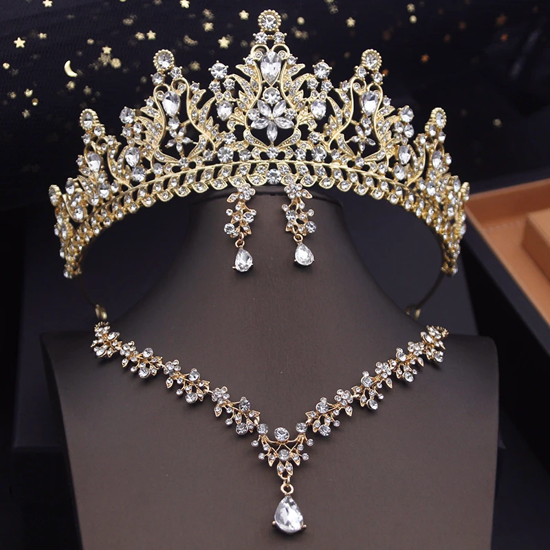 Metal color: Antique Gold Plated - Royal Queen Tiaras Bridal Jewelry Sets Evening Crown Choker Necklace Sets Wedding Dress Jewelry Prom Costume Accessory Bride