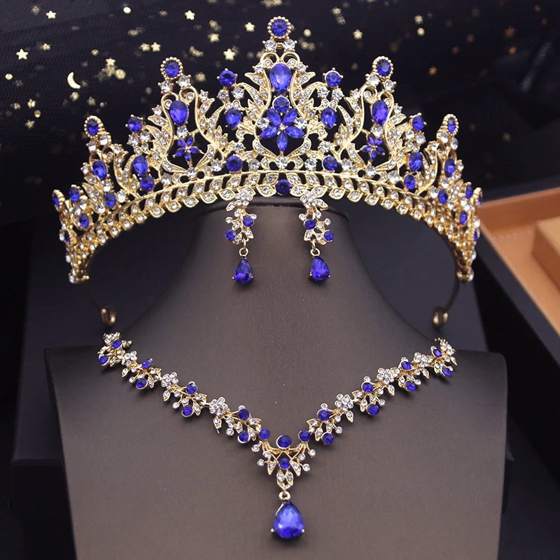 Metal color: Antique Gold Plated - Royal Queen Tiaras Bridal Jewelry Sets Evening Crown Choker Necklace Sets Wedding Dress Jewelry Prom Costume Accessory Bride