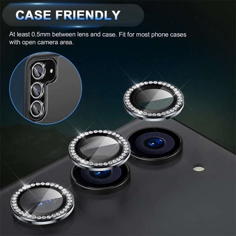 Material: Cotton Fabric, Color: Silver - Bling 3D Diamond Metal Camera Ring Protector for Samsung Galaxy A55 A35 A25 A15 A05 5G Alloy Lens HD Tempered Glass Protect Cap