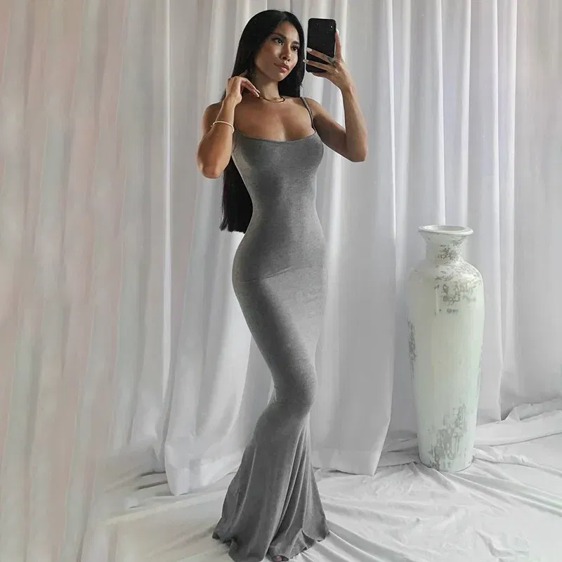 Color: GRAY, Size: L - Satin Slip Sleeveless Backless Maxi Dress Women 2023 Y2K Summer Bodycon Elegant Sexy Outfits Ladies Birthday Party Club Sundress