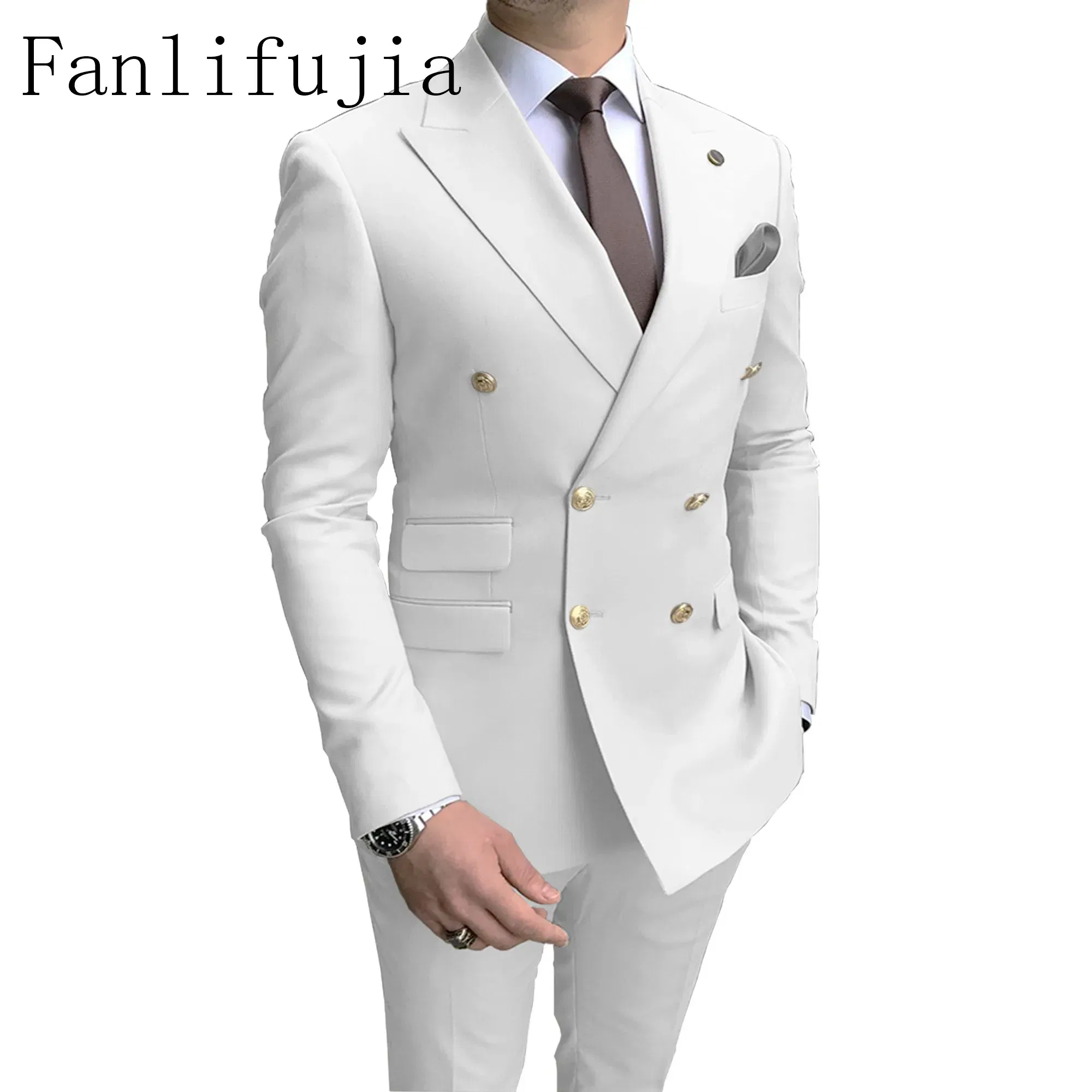 Color: WHITE, Size: M - Fanlifujia Store 2024 Casual Sky Blue Men Suits Double Brested Peak Lapel  Gold Button Groom Wedding Tuxedos Best Costume Homme