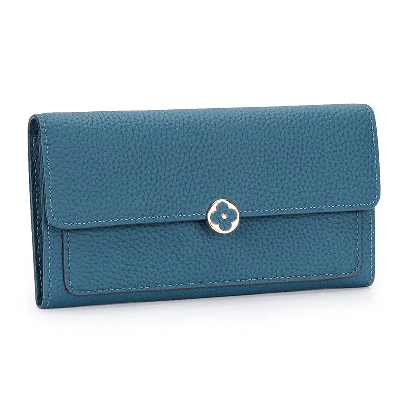 Color: Blue - Women's Wallet 2025 New Full Leather Long Wallet Cross-border First Layer Cowhide Women's Long Clip Leather Clutch Pouch