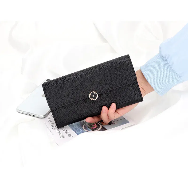 Color: Blue - Women's Wallet 2025 New Full Leather Long Wallet Cross-border First Layer Cowhide Women's Long Clip Leather Clutch Pouch