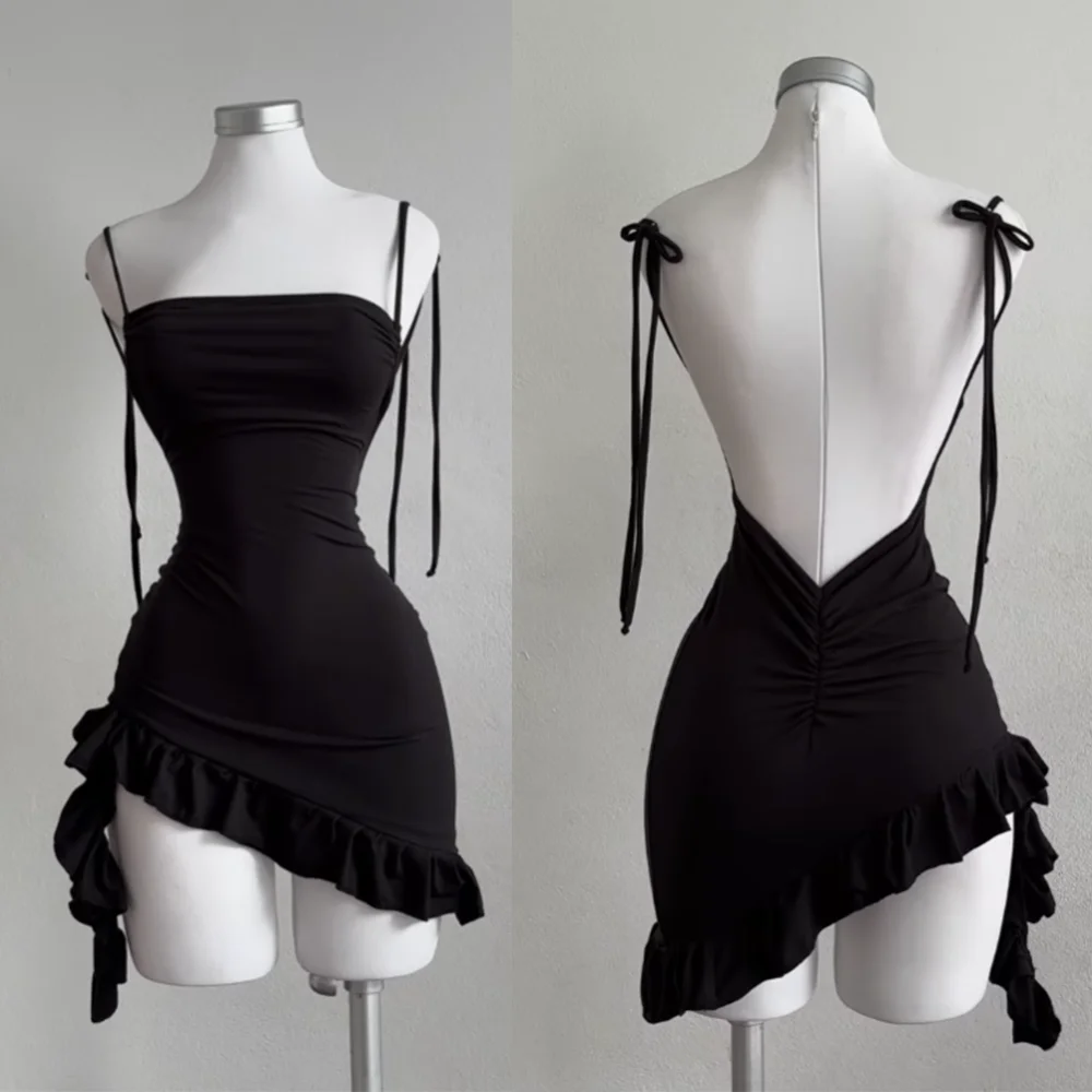 Color: black, Size: L - 2025 popular European and American new dress with summer high-end feel Y2K sexy backless lace up spicy girl's hip hugging skirt