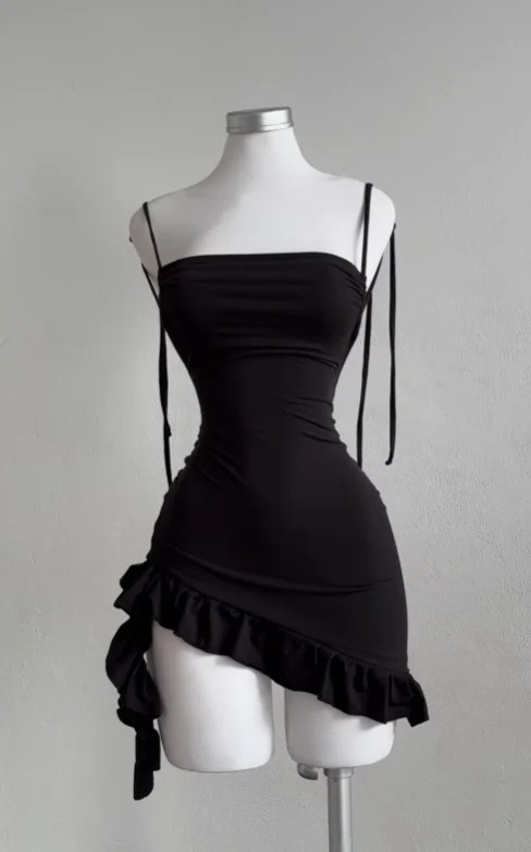 Color: black, Size: L - 2025 popular European and American new dress with summer high-end feel Y2K sexy backless lace up spicy girl's hip hugging skirt