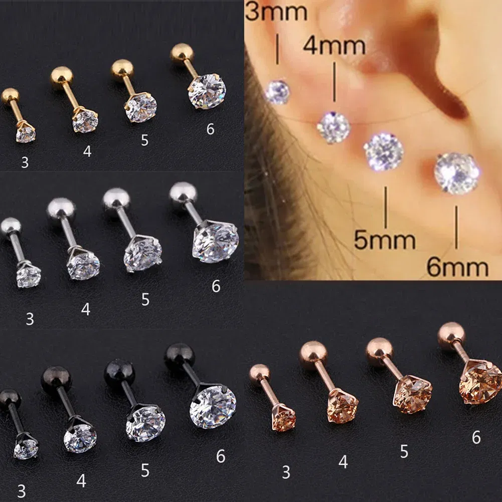 Metal Color: Rhodium Plated, Main Stone Color: Red - 1Pc Small Round Cz Tragus Cartilage Titanium Steel 16G 4 Prong Ear Stud Earrings Tragus Helix Piercing Jewelry Sexy Body Jewelry