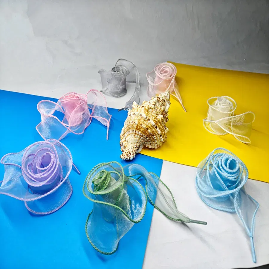 Color: Pink, Length: 100cm - 4cm Wide Festoon Fishtail Organza Shoelaces Wave Chiffen Fall Winer Bow Laces Beauty White Casual Sneaker DE Training Shoes Lace