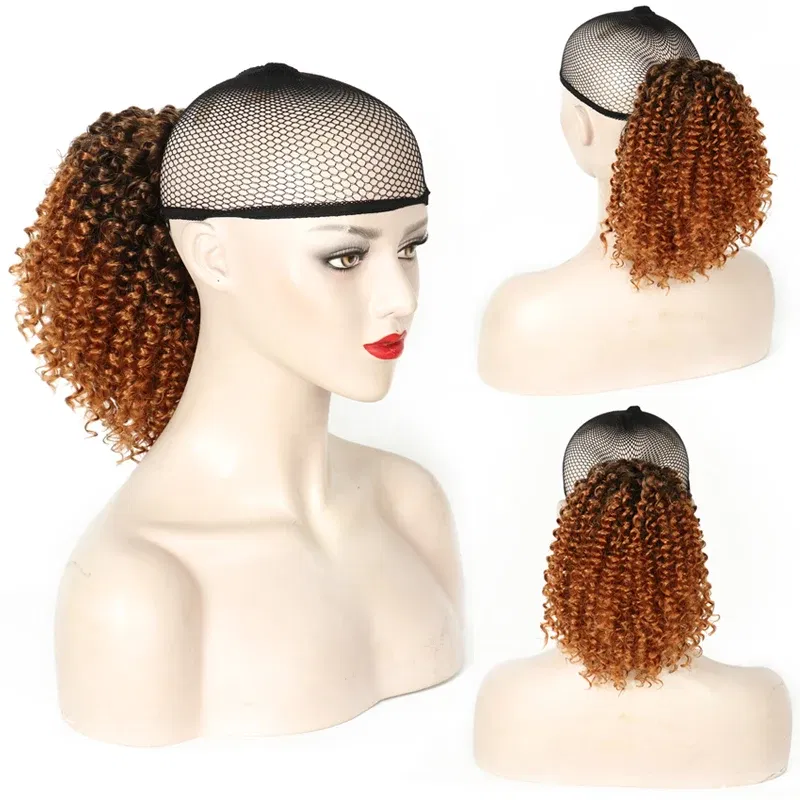 Color: T1B/4/30 - Synthetic Drawstring Curly Ponytail Extension for African Women Short Afro Kinky Ponytail Extension
