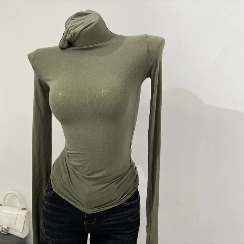 Color: army green, Size: One Size - Thin Soft American Long Sleeve T-shirt High Stacked Neck Tight Perspective Bottom Shirt Women's Slim Fit Tops Sexy Streetwear