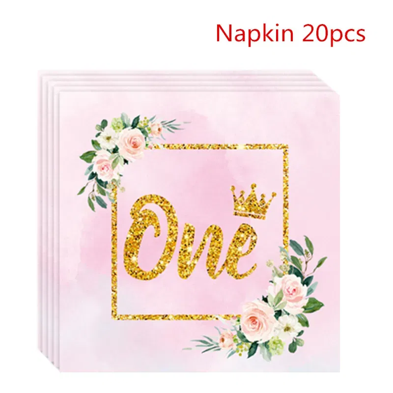 Color: Red - Girls One First Happy Birthday Disposable Tableware  Pink Plate Napkins Cup Hat for Baby Shower 1 Year Old Birthday Party Deco