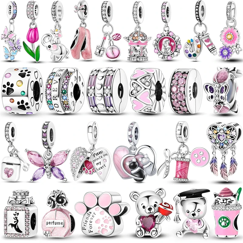 Color: Beige - Pink Series Charms 925 Silver Perfume Butterfly Charm Beads Pendent Dangle Fit Original Pandora Charm Bracelet DIY Women Jewelr