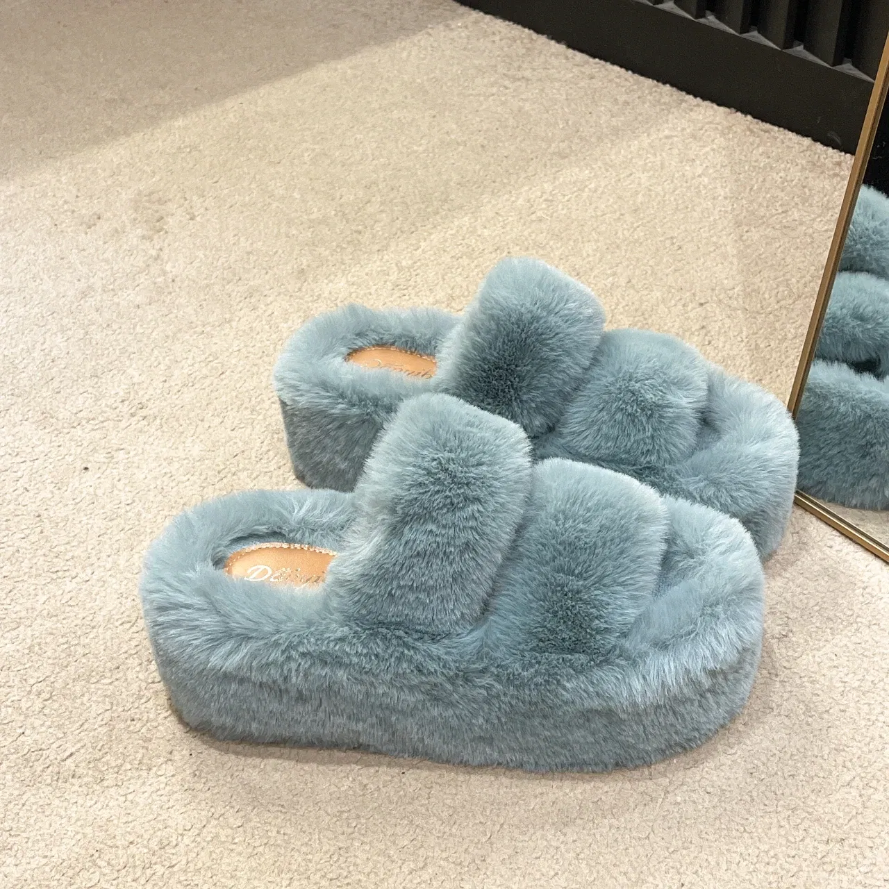 Color: SKY BLUE, Shoe Size: 35 - New Winter Open Toe Slipper Fur Thick Sole Flats Heel Ladies Casual Slip On Bedroom Shoes Soft Outdoor Fashion Fur Slippers