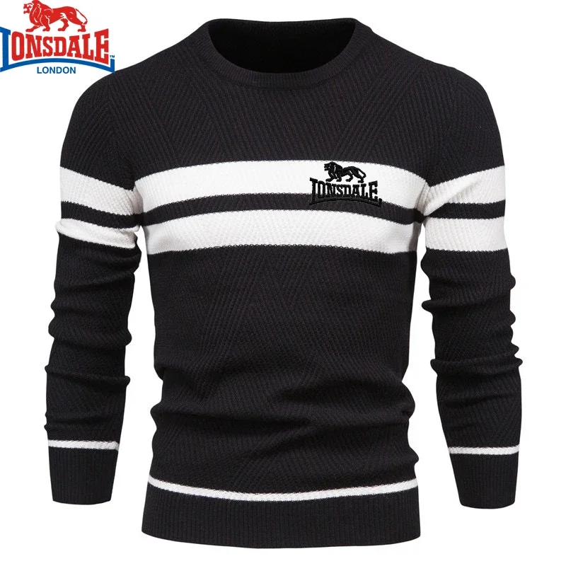 Color: black, Size: S - Embroidered LONSDALE Mens Boys Winter Stripe Sweater Thick Warm Pullovers Men's O-neck Basic Casual Slim Comfortable Sweaters