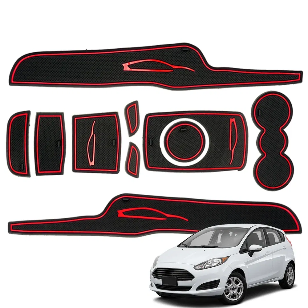 Color: Red - Car Door Groove Mats For Ford Fiesta 2009-2011 2012 2013 2014 2015 Car Cup Holder Cushion Auto Gate Slot Coasters Dust-proof Pad