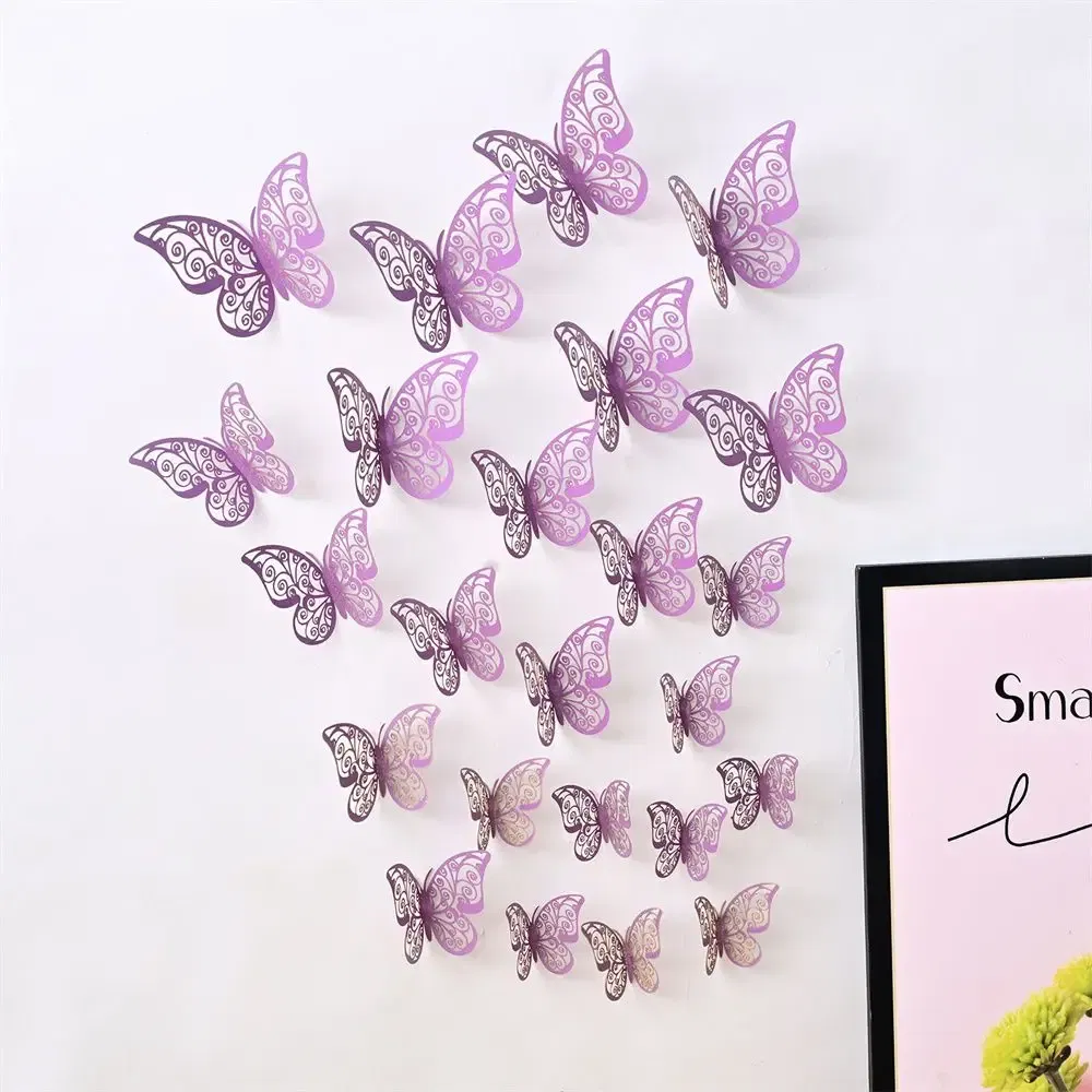 Color: Burgundy - 12 Pieces 3D Hollow Butterfly Wall Sticker Bedroom Living Room Home Decoration Paper Butterfly