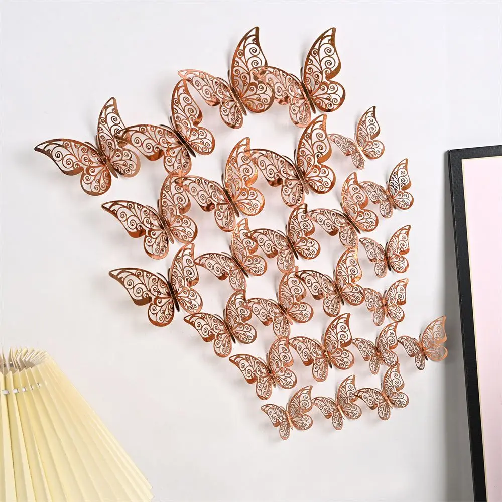 Color: Burgundy - 12 Pieces 3D Hollow Butterfly Wall Sticker Bedroom Living Room Home Decoration Paper Butterfly
