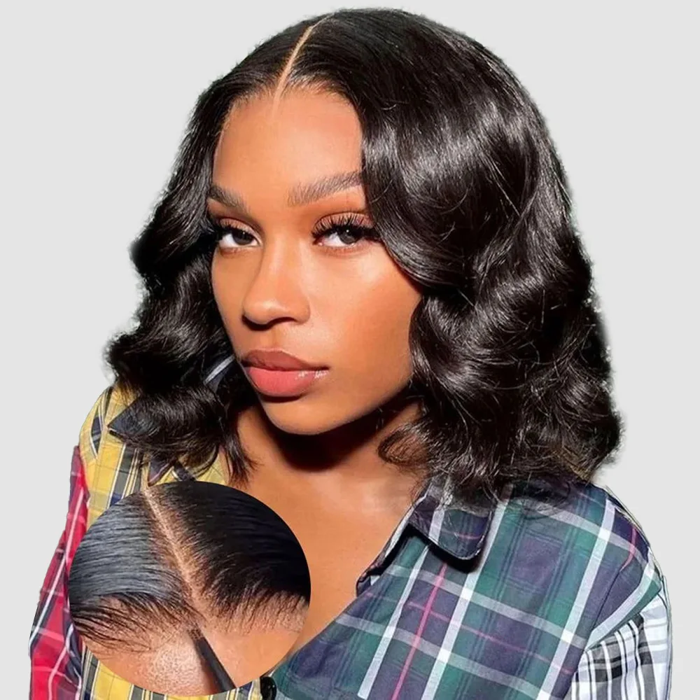 Hair Color: #1, Ships From: CHINA, Stretched Length: 14inches, Density: 180% - 7x5 Glueless Ready To Wear And Go Pre plucked 180 Density Body Wave Short Bob Human Hair Wigs 13x4 Lace Frontal Human Hair Wig