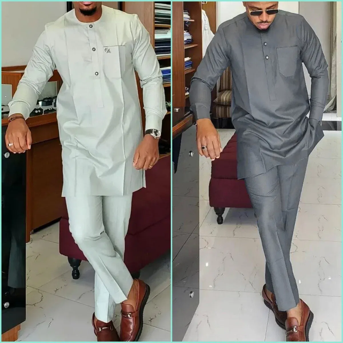 Color: Khaki, Size: 4XL - New Dashiki Men's Set Grey Round Neck Long Sleeve Luxury Brand Men's Suit Casual Slim Fit Men's Set Wedding Evening Suit