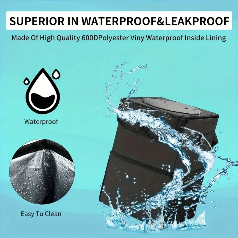 Car Trash Can With Lid And Storage Pockets,100% Leak-Proof Car Organizer, Waterproof Garbage Can, Multipurpose Trash Bin For Car