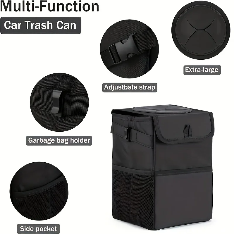 Car Trash Can With Lid And Storage Pockets,100% Leak-Proof Car Organizer, Waterproof Garbage Can, Multipurpose Trash Bin For Car