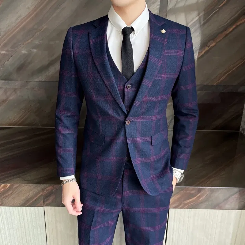 Color: Blue, Size: XXXL - High-quality British men's fashionable and stylish checkered casual suit set for autumn, a casual and fitted suit set of three