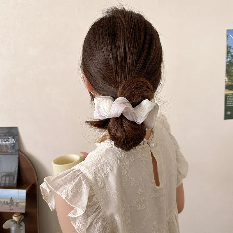 Color: Blue - Gradient Color Pink Blue Scrunchies Sweet Mesh Hair Ties Ropes Women College Student Oversized Hair Bands Cute Ponytail Headwear