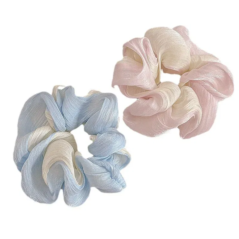 Color: Blue - Gradient Color Pink Blue Scrunchies Sweet Mesh Hair Ties Ropes Women College Student Oversized Hair Bands Cute Ponytail Headwear