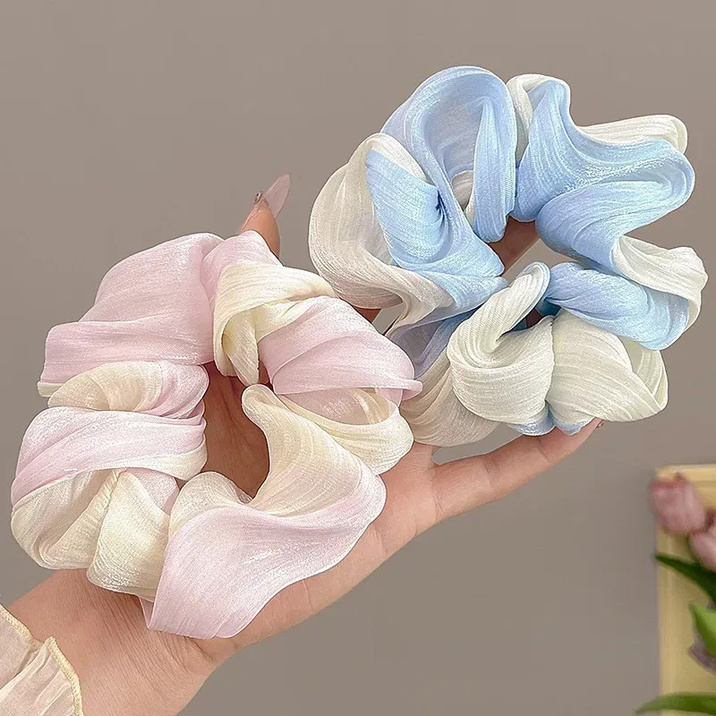 Color: Blue - Gradient Color Pink Blue Scrunchies Sweet Mesh Hair Ties Ropes Women College Student Oversized Hair Bands Cute Ponytail Headwear