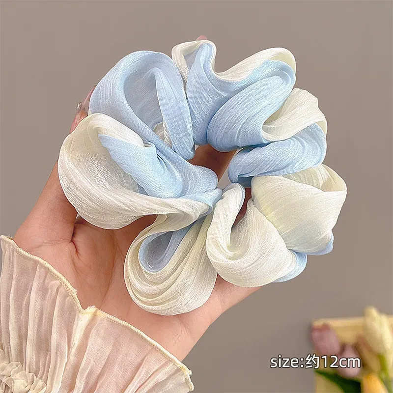 Color: Blue - Gradient Color Pink Blue Scrunchies Sweet Mesh Hair Ties Ropes Women College Student Oversized Hair Bands Cute Ponytail Headwear