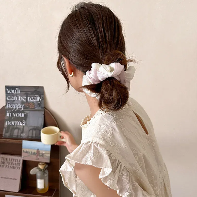 Color: Blue - Gradient Color Pink Blue Scrunchies Sweet Mesh Hair Ties Ropes Women College Student Oversized Hair Bands Cute Ponytail Headwear