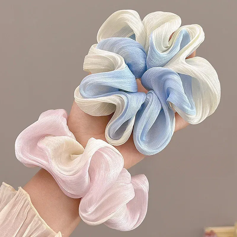 Color: Blue - Gradient Color Pink Blue Scrunchies Sweet Mesh Hair Ties Ropes Women College Student Oversized Hair Bands Cute Ponytail Headwear