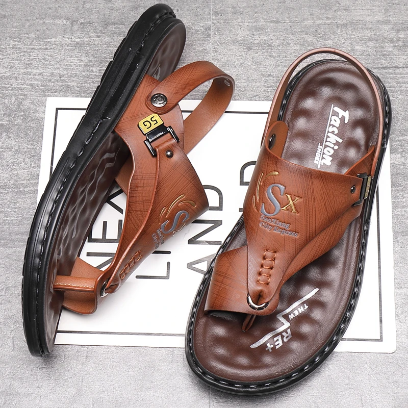 Color: Dark Khaki, Shoe Size: 44 - Outdoor Summer Men's Sandals Summer  Office  Shoes Non-Slip Mens Casual Sandalis Black