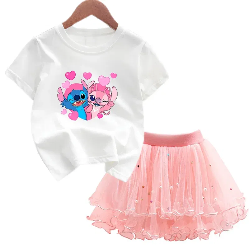 Color: GRAY, Kid Size: 4T - 2pcs Lilo Stitch Summer Girls Outfits Cartoon T-shirt and Tutu Skirt Princess Clothes Suit Children Birthday Clothing Sets
